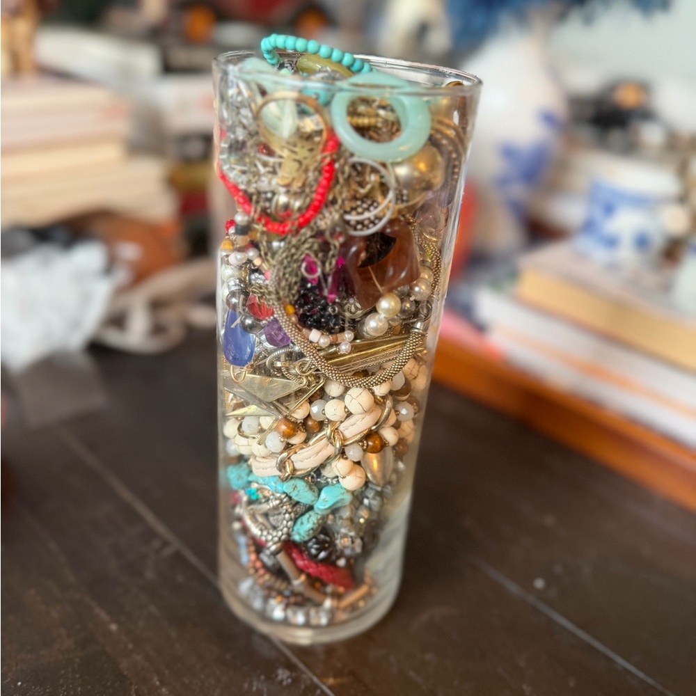 XL jewelry jar 75+ pc stone mixed metals shell pearl necklace bracelet ring